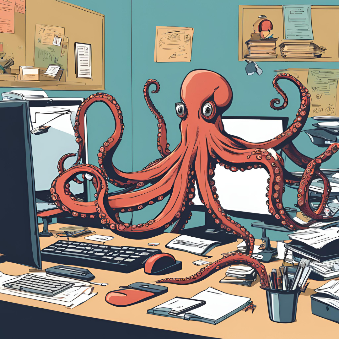 Un octopus qui travaille sur trois ordinateurs en même temps